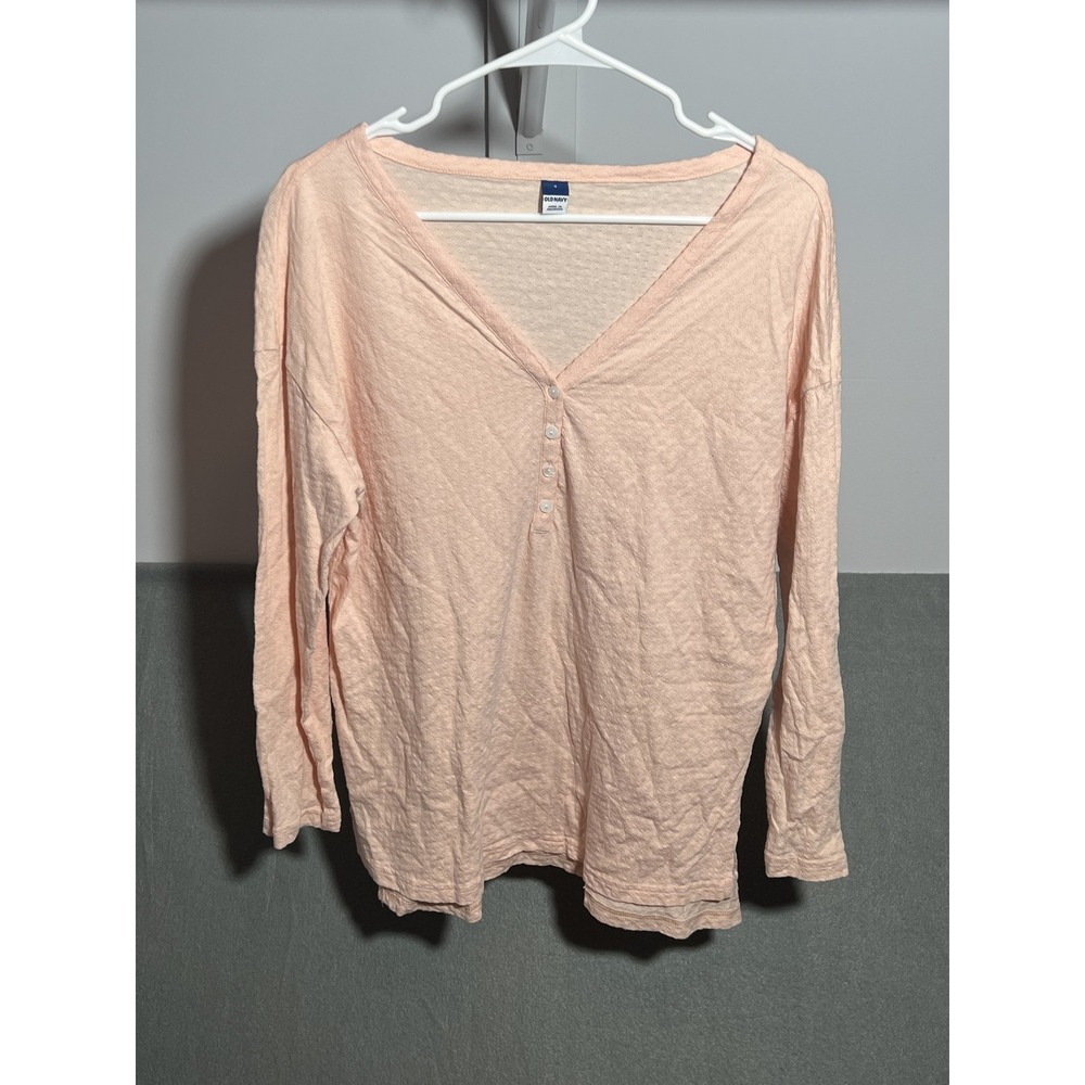 Old Navy Women's Size S Pink Waffle Knit Thermal Henley V-Neck Long Sleeve Top